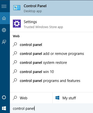 Control panel by using start menu