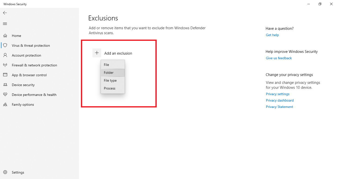 add an exclusion folder
