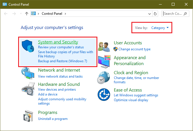 control panel category system and security