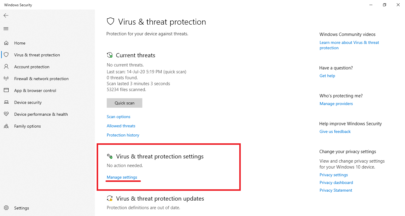 virus and threat protection manage settings