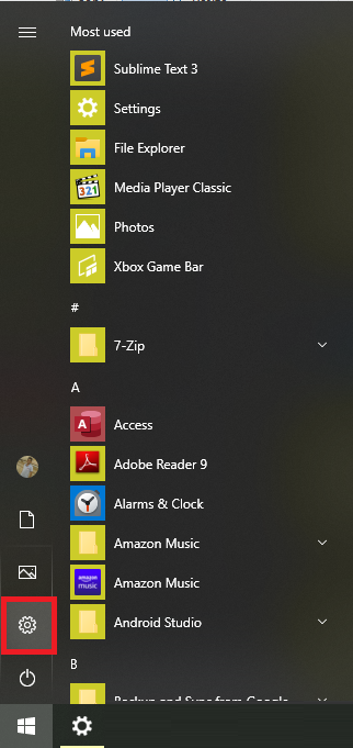 windows 10 settings start menu