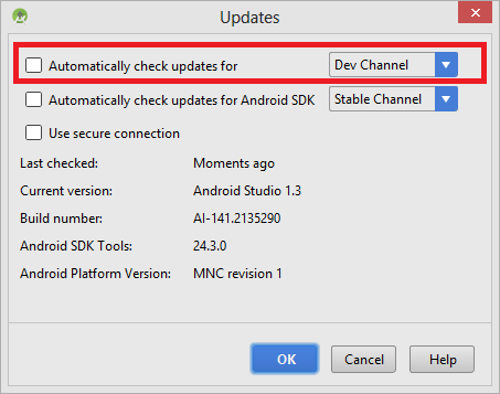 automatically check for updates android studio