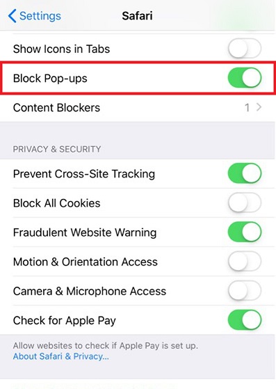 turn off pop-up blocker safari