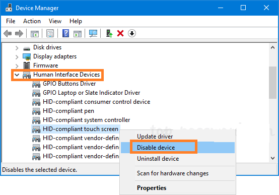 Disable and enable touch screen on Windows 10