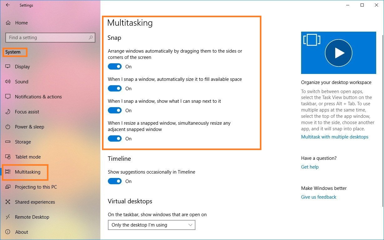 Steps to enable Snap assist feature on Windows 10