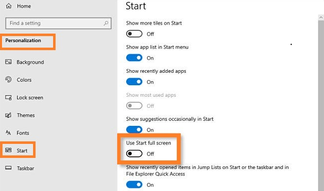 how to make start full screen on Windows 10