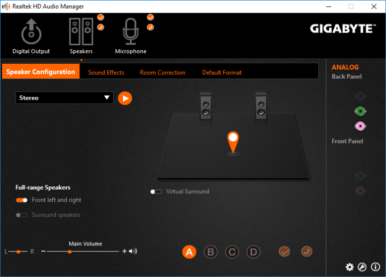 realtek hd audio manager gigabyte seperate front and back