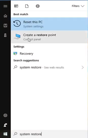 create a restore point windows 10 start menu