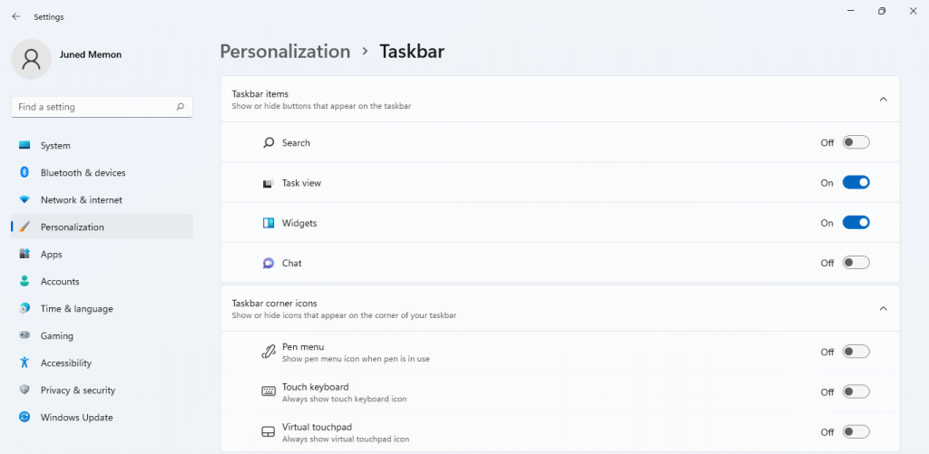 task bar settings