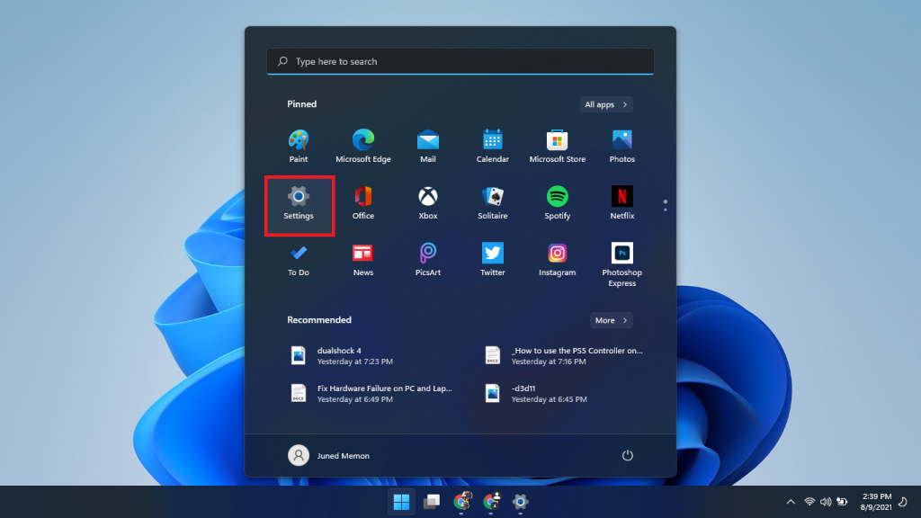 windows 11 start menu dark mode settings icon