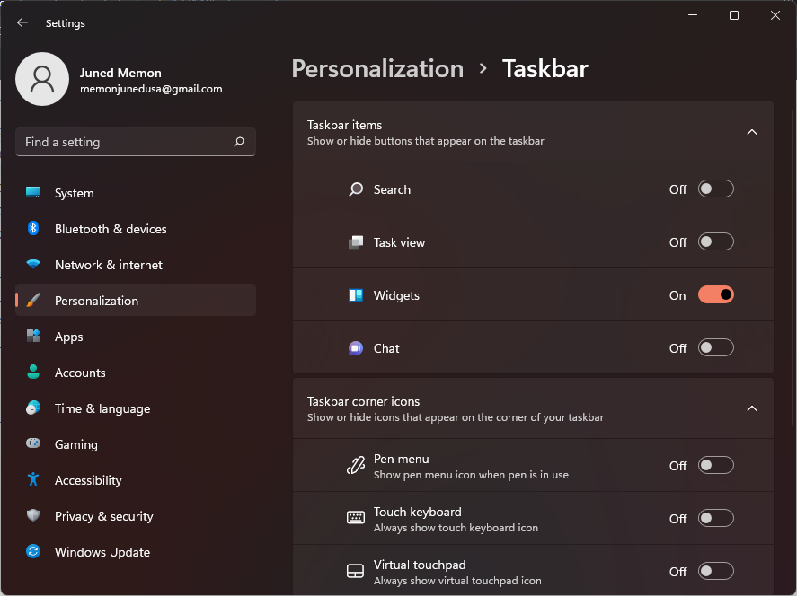 taskbar personalization show hide icons