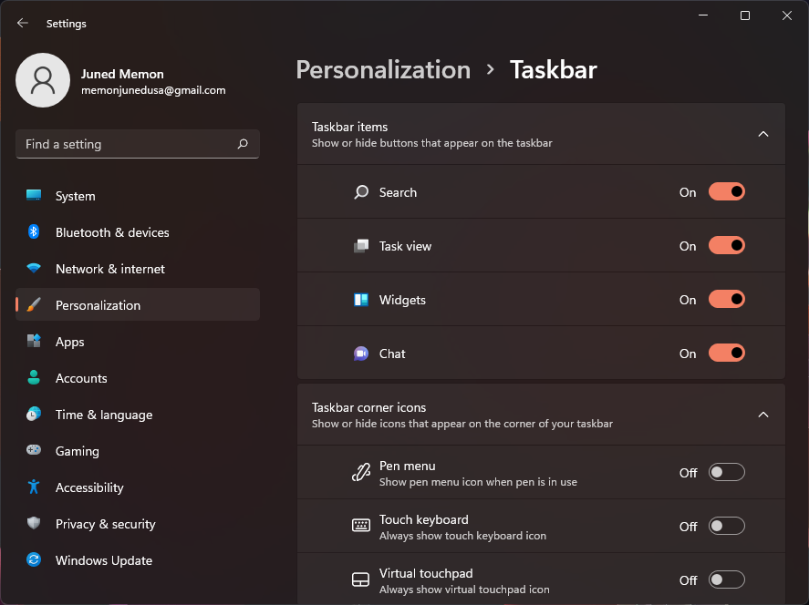 taskbar personlization windows 11