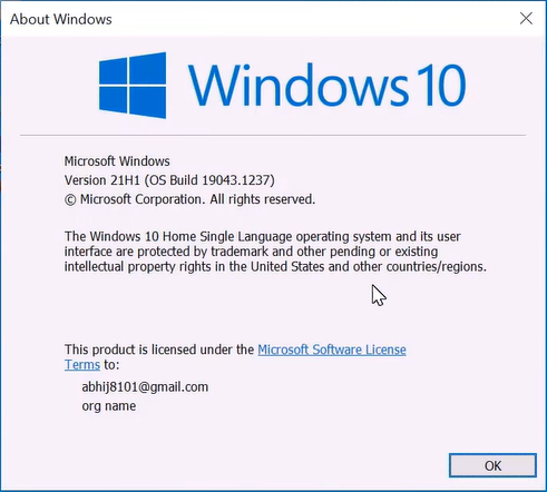 winver about windows 10 version 21h1