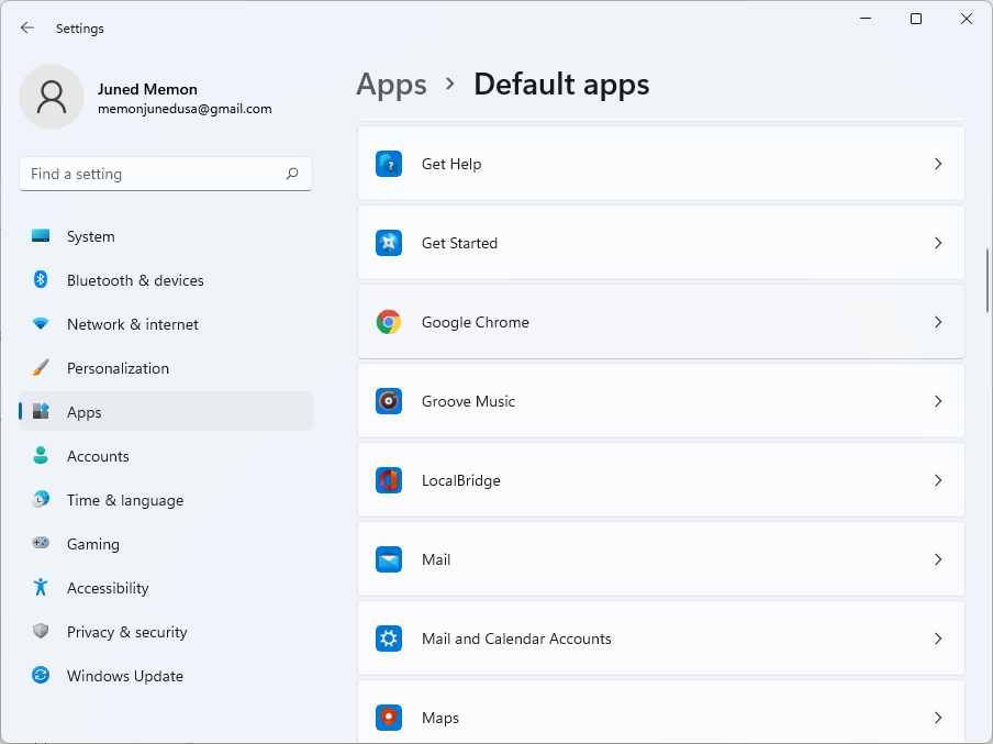 google chrome default apps windows 11