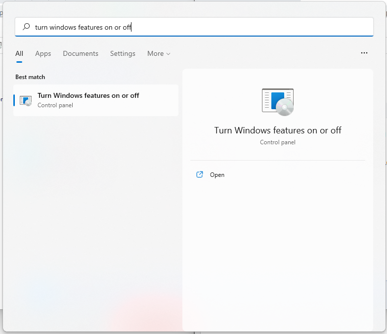 start turn windows features on or off
