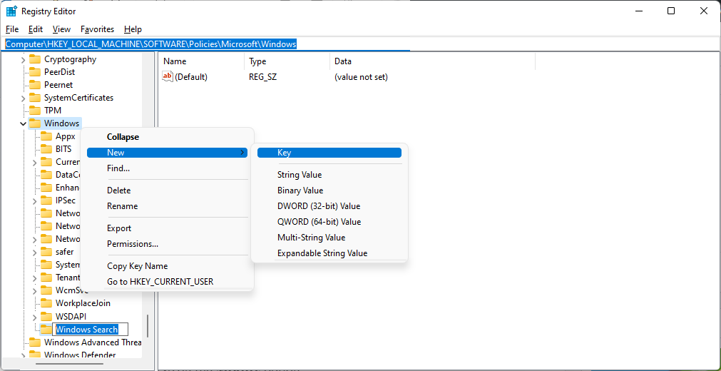 registry editor create new windows folder key