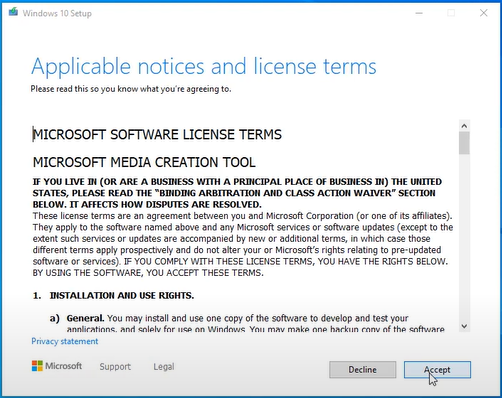 windows 10 media creation tool accept license