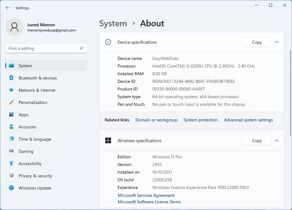 windows 11 about device specifications
