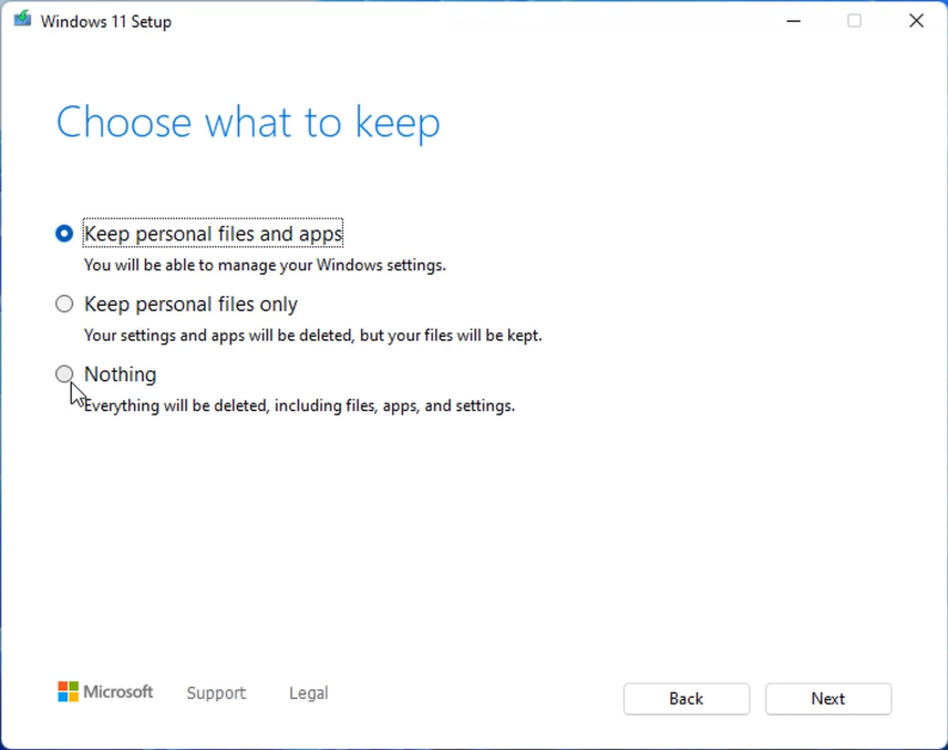 windows 11 setup reinstall keep remove files or nothing