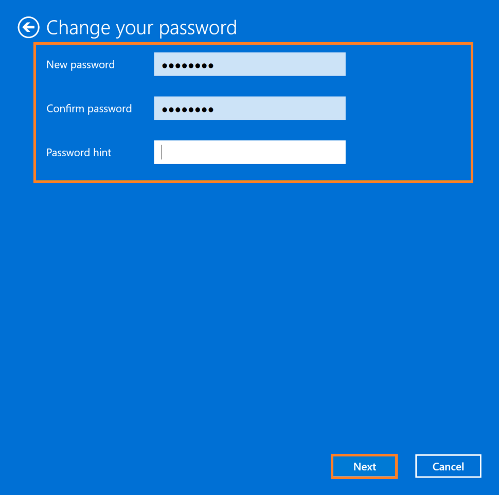 Enter new password and confirm it