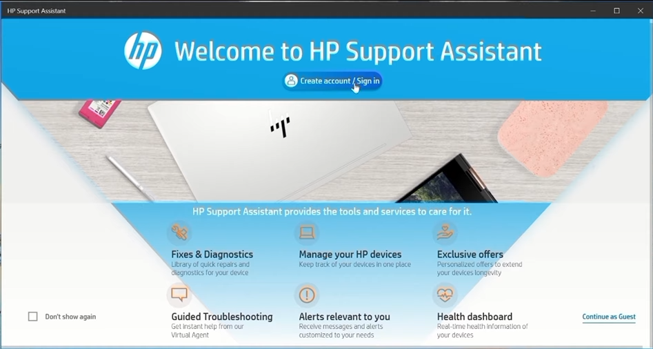 hp support assistant create or sign in account