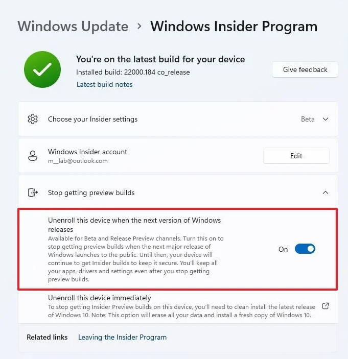 unenroll this device windows insider program