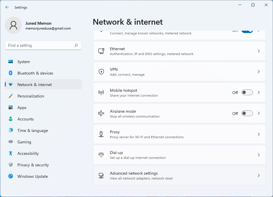 network and internet advanced network settings