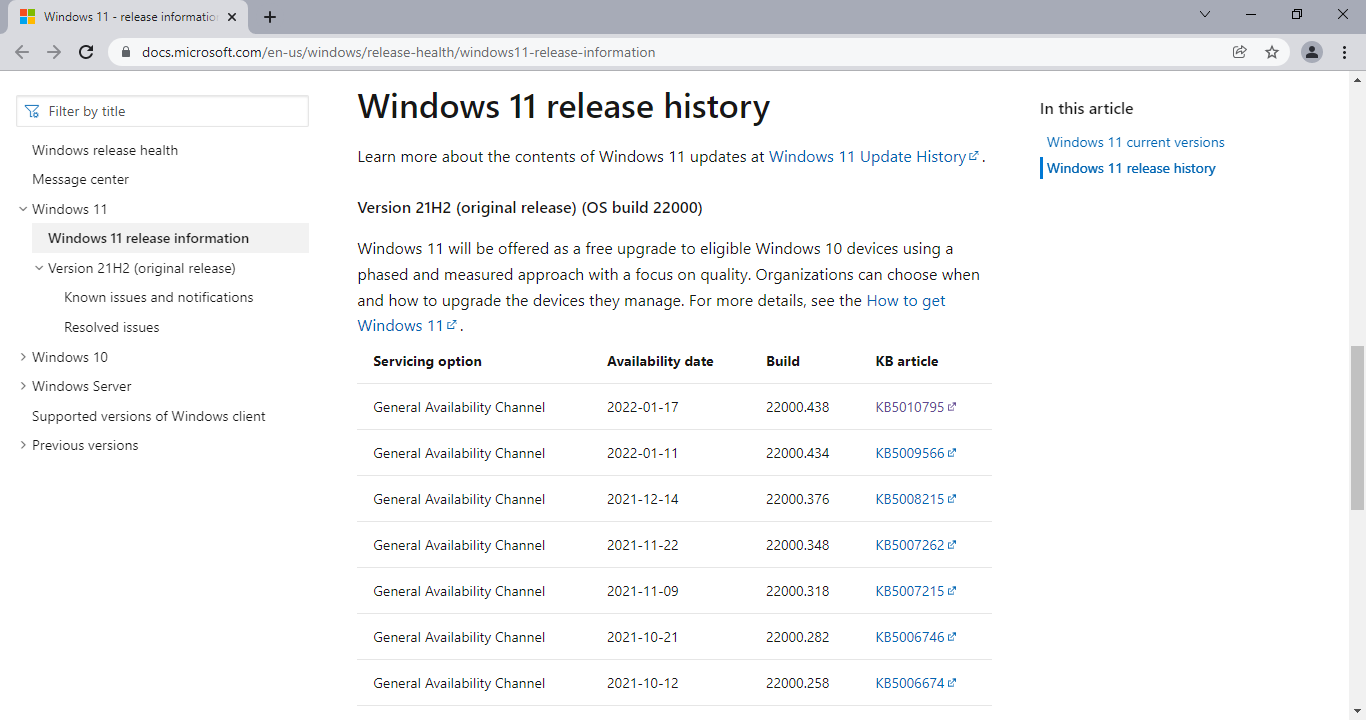 windows 11 release history