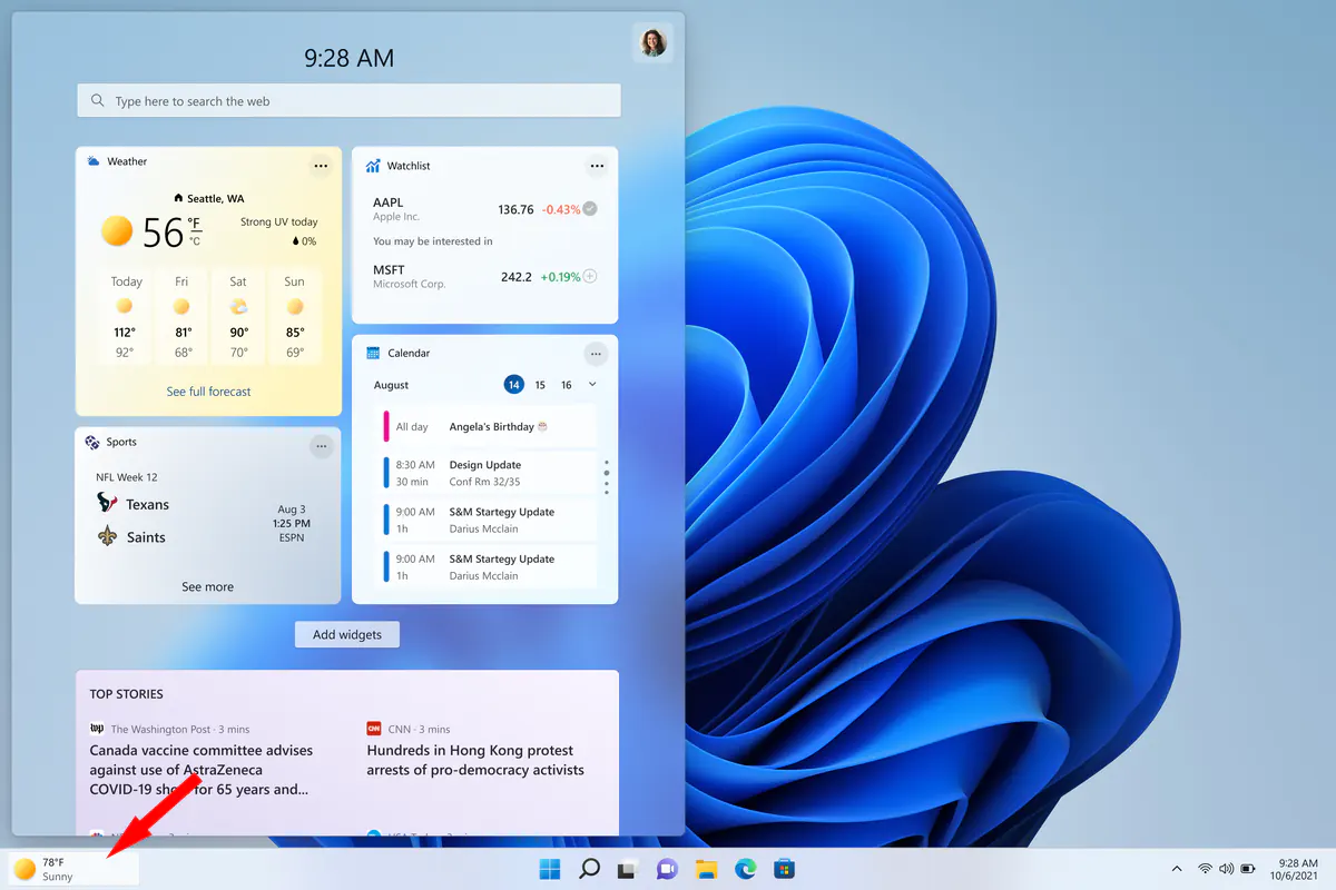 Weather Windows 11 in place of Widgets Icon