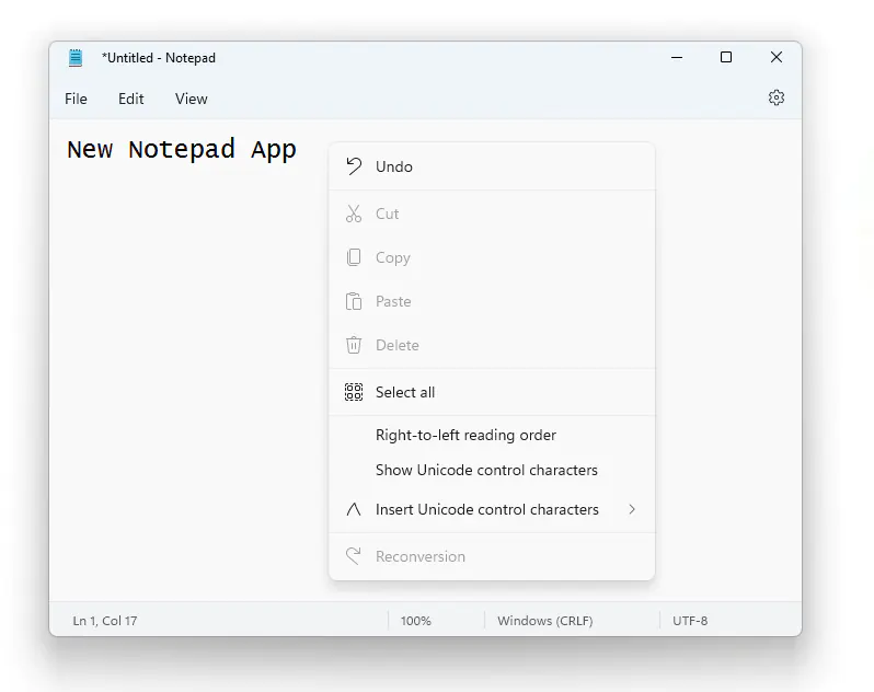 notepad with right click menu