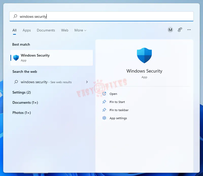 windows security start menu search